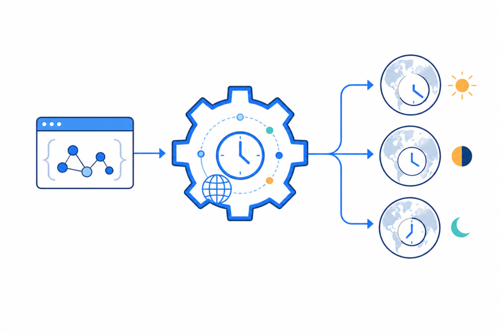 「APIの日時データを壊さない設計｜RFC 3339・UTC・タイムゾーンの実務ルール」の内容を表す技術イラスト