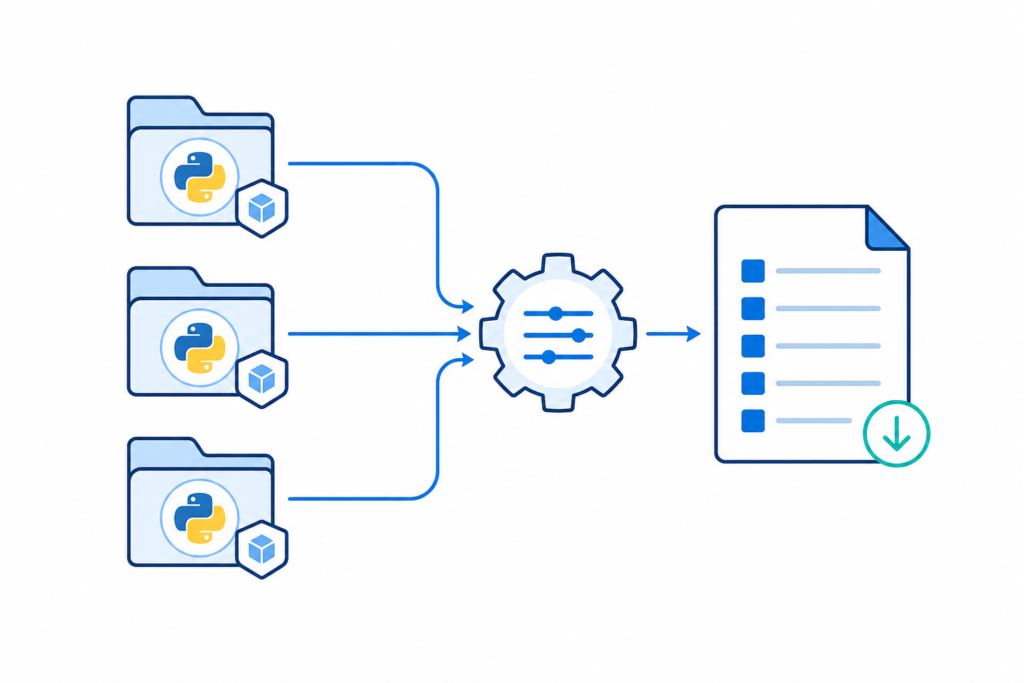 「複数の.venvからrequirements.txtを一括生成するWindowsバッチ」の内容を表す技術イラスト