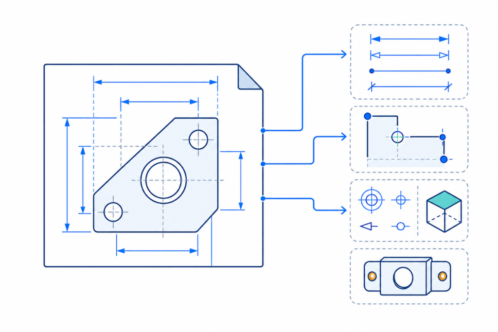 「DXFのDIMENSIONを読む｜寸法種類・定義点・寸法スタイル・ブロック参照の基本」の内容を表す技術イラスト