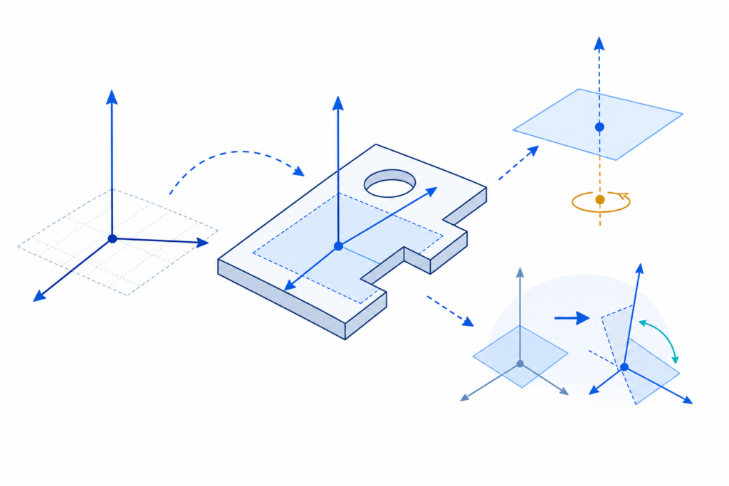 「DXFのOCSとWCSを理解する｜extrusion・任意軸アルゴリズム・座標変換」の内容を表す技術イラスト