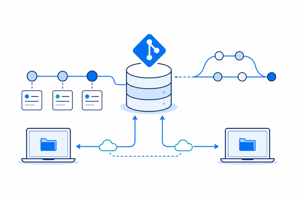 「GitとGitHubの基本をやさしく理解する｜repository・commit・branch・push・pullとは」の内容を表す技術イラスト