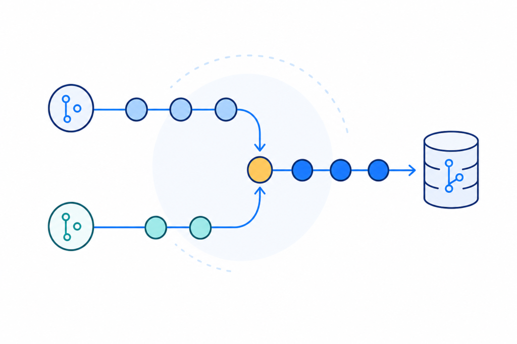 「Git mergeの基本｜ブランチの変更を安全にmainへ統合する方法」の内容を表す技術イラスト