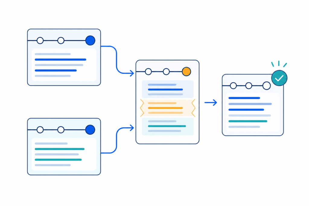 「Git merge conflict入門｜競合の読み方と安全な解消手順」の内容を表す技術イラスト