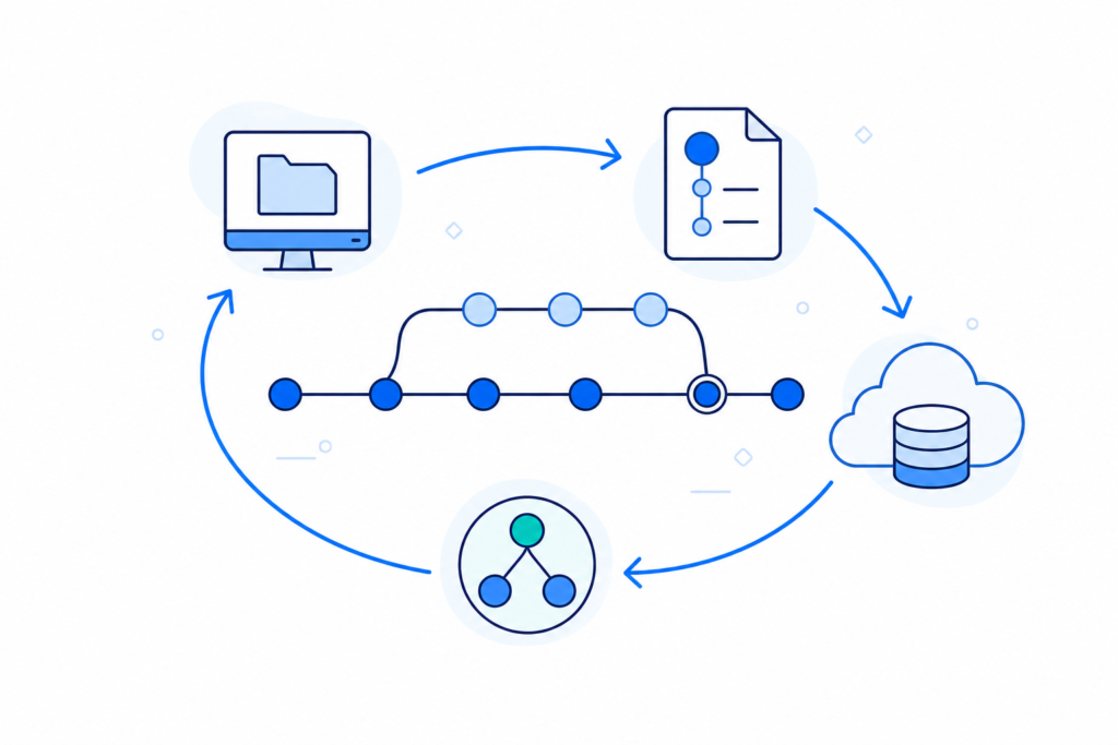 「GitHub基本操作を一通り実践｜clone・branch・commit・push・mergeの流れ」の内容を表す技術イラスト