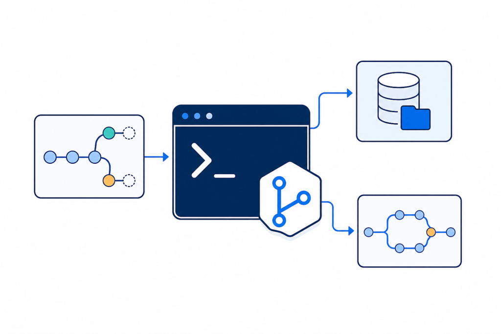 「GitHubのコマンド集｜Git・GitHub CLIでよく使う操作を目的別に整理」の内容を表す技術イラスト