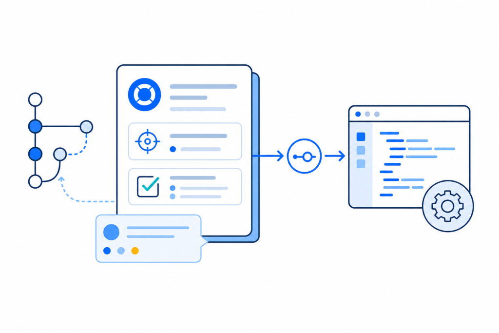 「GitHub Issue入門｜作業の目的・完了条件を記録して開発につなげる」の内容を表す技術イラスト