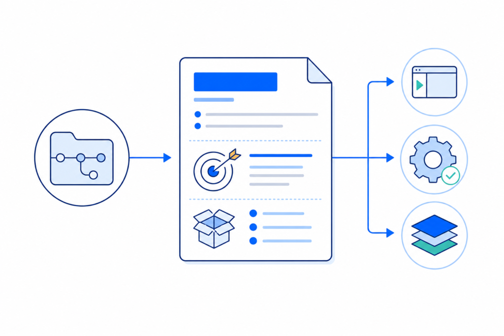 「GitHub README入門｜リポジトリの目的・使い方・再現手順を伝える基本」の内容を表す技術イラスト