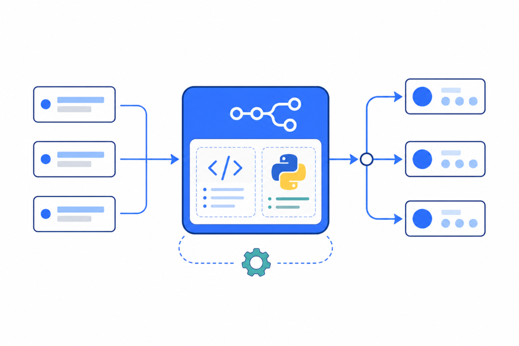 「n8nのCode nodeを理解する｜JavaScript・Pythonとitems処理の基本」の内容を表す技術イラスト