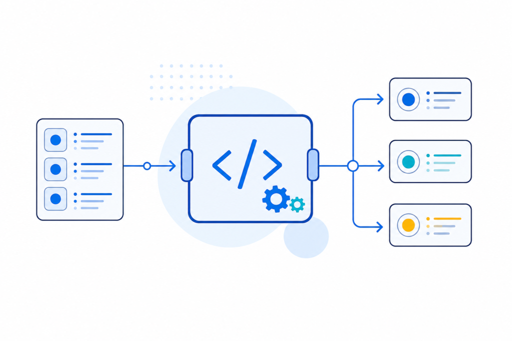 「n8nのCode nodeを理解する｜JavaScript・Pythonとitems処理の基本」の内容を表す技術イラスト