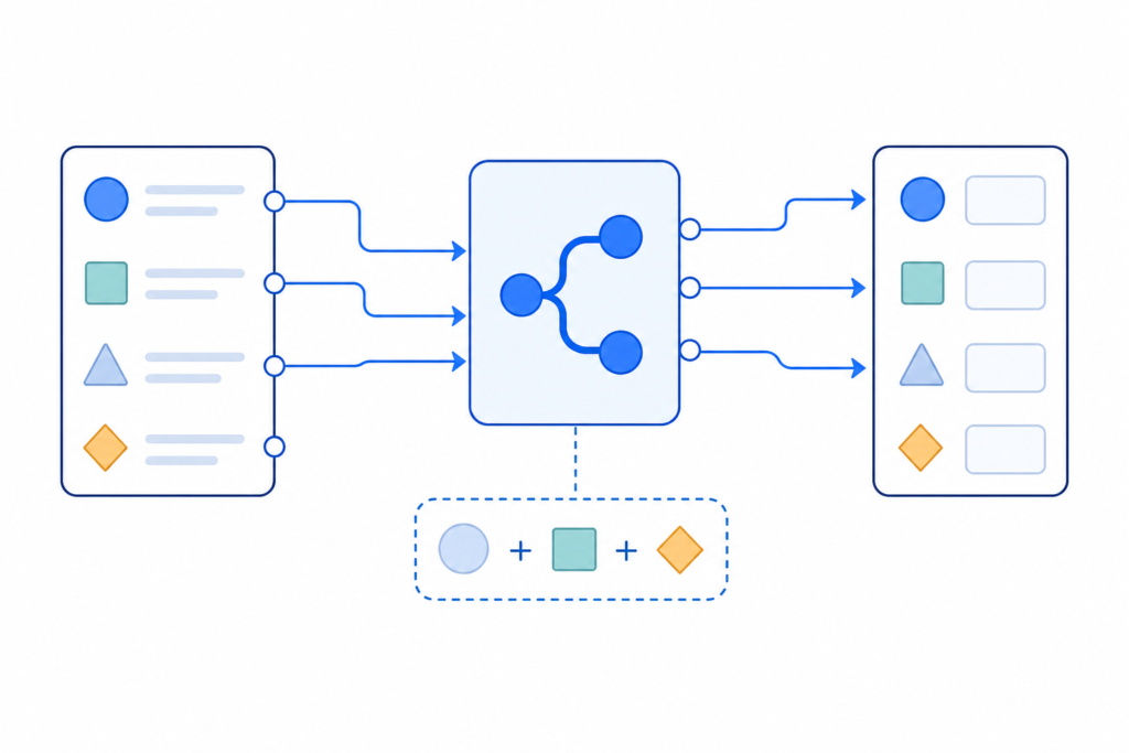 「n8nのData MappingとExpressionsを理解する｜動的な値を参照する基本」の内容を表す技術イラスト