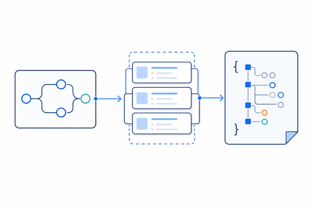 「n8nのitemsとJSONを理解する｜node間を流れるデータ構造の基本」の内容を表す技術イラスト