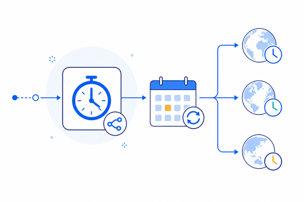 「n8nのSchedule Triggerを理解する｜定期実行とTimezoneの基本」の内容を表す技術イラスト