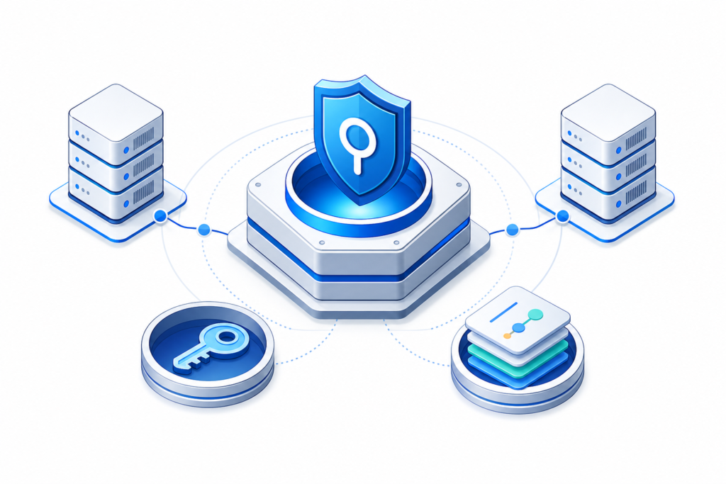 「サーバー間API連携のOAuth 2.0設計｜Client Credentials・scope・token管理」の内容を表す技術イラスト