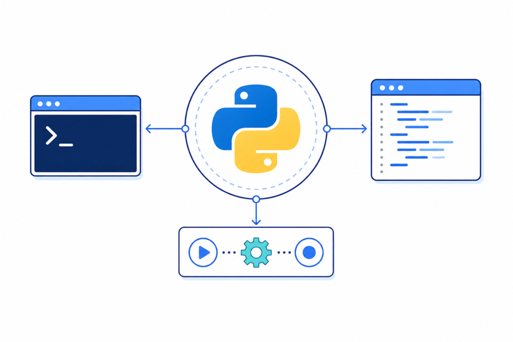 「Pythonを動かしてみよう｜実行環境・REPL・スクリプトの基本」の内容を表す技術イラスト