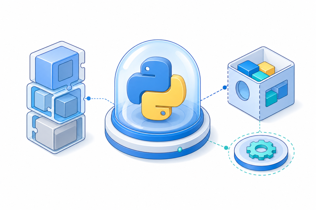 「Pythonのモジュール・パッケージ・仮想環境を理解する｜import・venv・pipの基本」の内容を表す技術イラスト