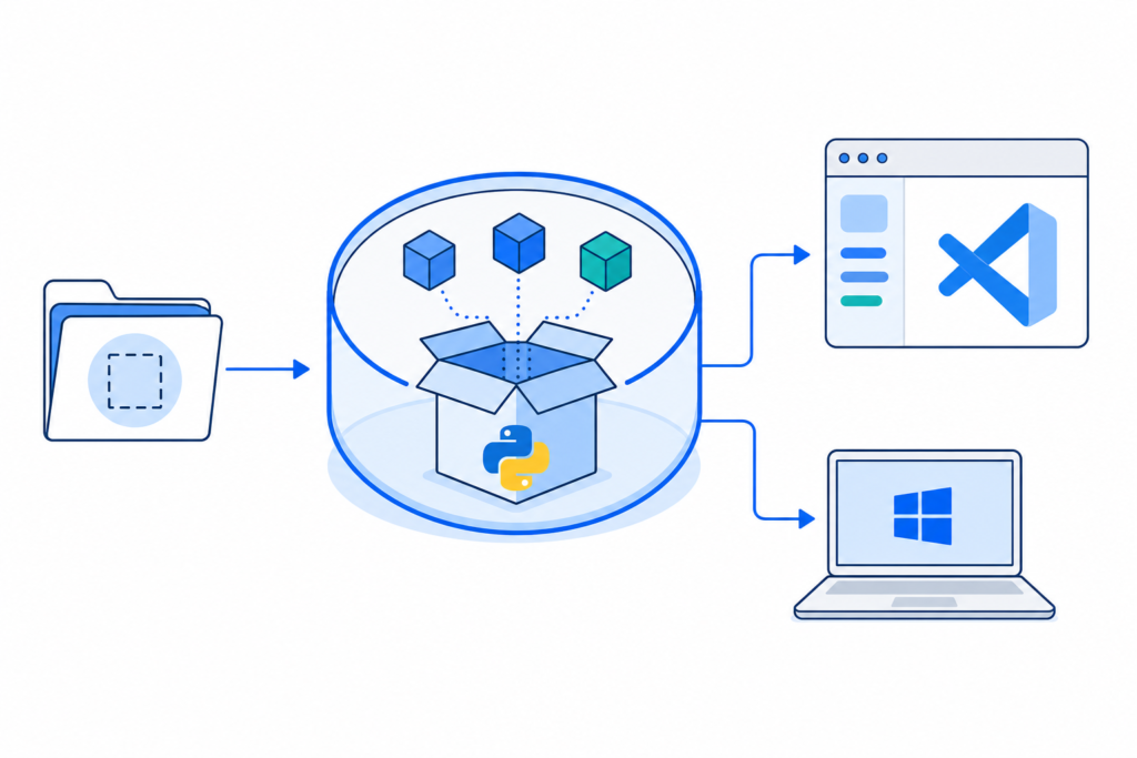 「Pythonの.venvとは？Windows・VS Codeで仮想環境を作成して使う方法」の内容を表す技術イラスト
