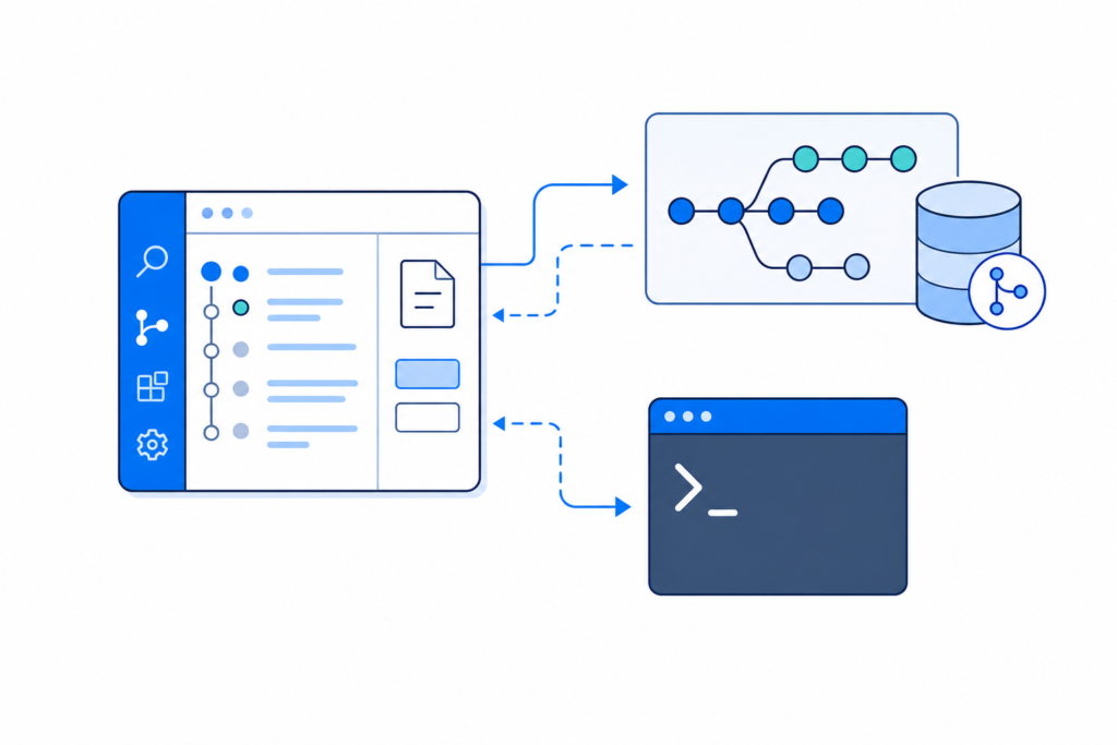 「VS CodeでGitを操作する基本｜Source ControlとCLIの対応を理解する」の内容を表す技術イラスト