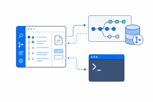「VS CodeでGitを操作する基本｜Source ControlとCLIの対応を理解する」の内容を表す技術イラスト