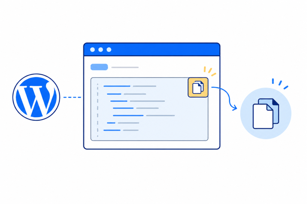「WordPress標準コードブロックにコピーボタンを追加する方法【functions.php】」の内容を表す技術イラスト