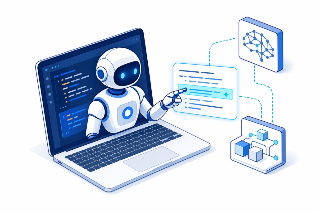 「AI Codingとは何か｜コード補完からCoding Agentへ進化した開発の仕組み」の内容を表す技術イラスト