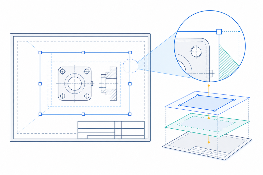 「DXFのVIEWPORTを読む｜ペーパー空間の表示範囲・尺度・クリッピング」の内容を表す技術イラスト