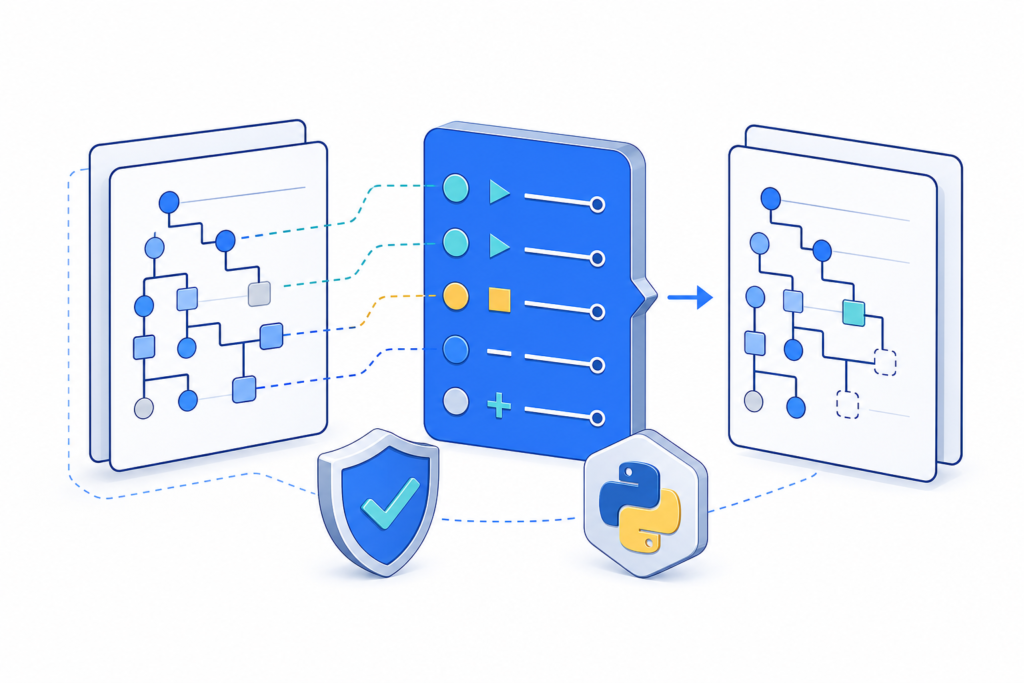 「JSON Patchで差分更新を安全に設計する｜test・配列・冪等性・Python」の内容を表す技術イラスト