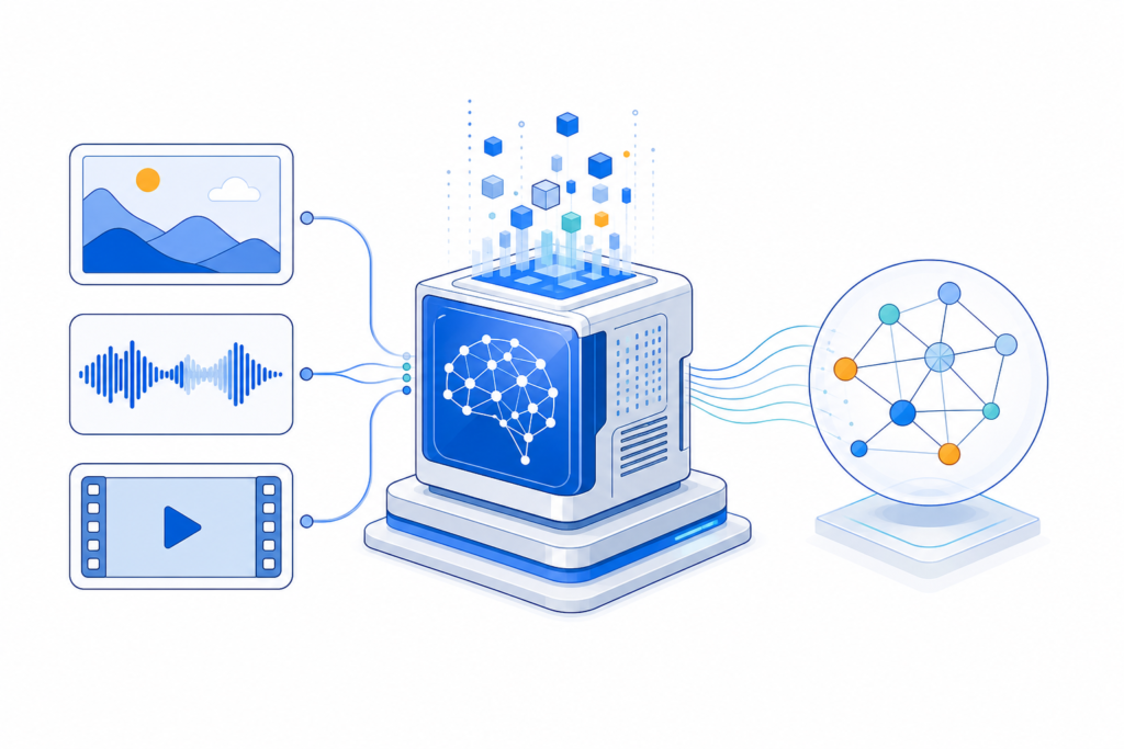「Multimodal AIとは何か｜画像・音声・動画を統合して理解するAIの仕組み」の内容を表す技術イラスト