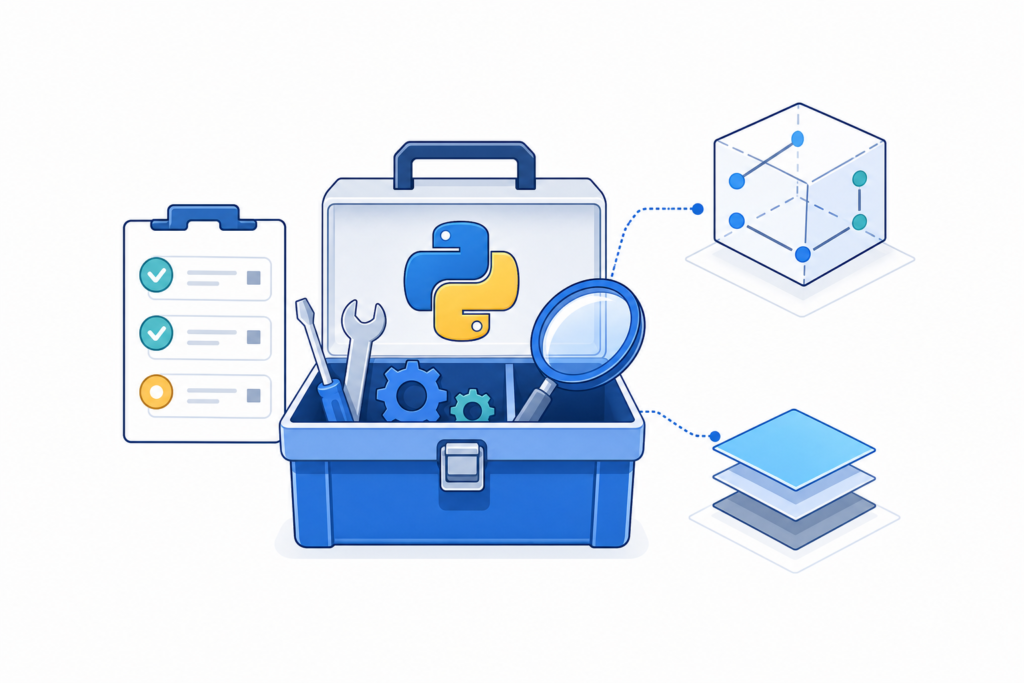 「Pythonのテストとデバッグを理解する｜unittest・型ヒント・mypyの基本」の内容を表す技術イラスト