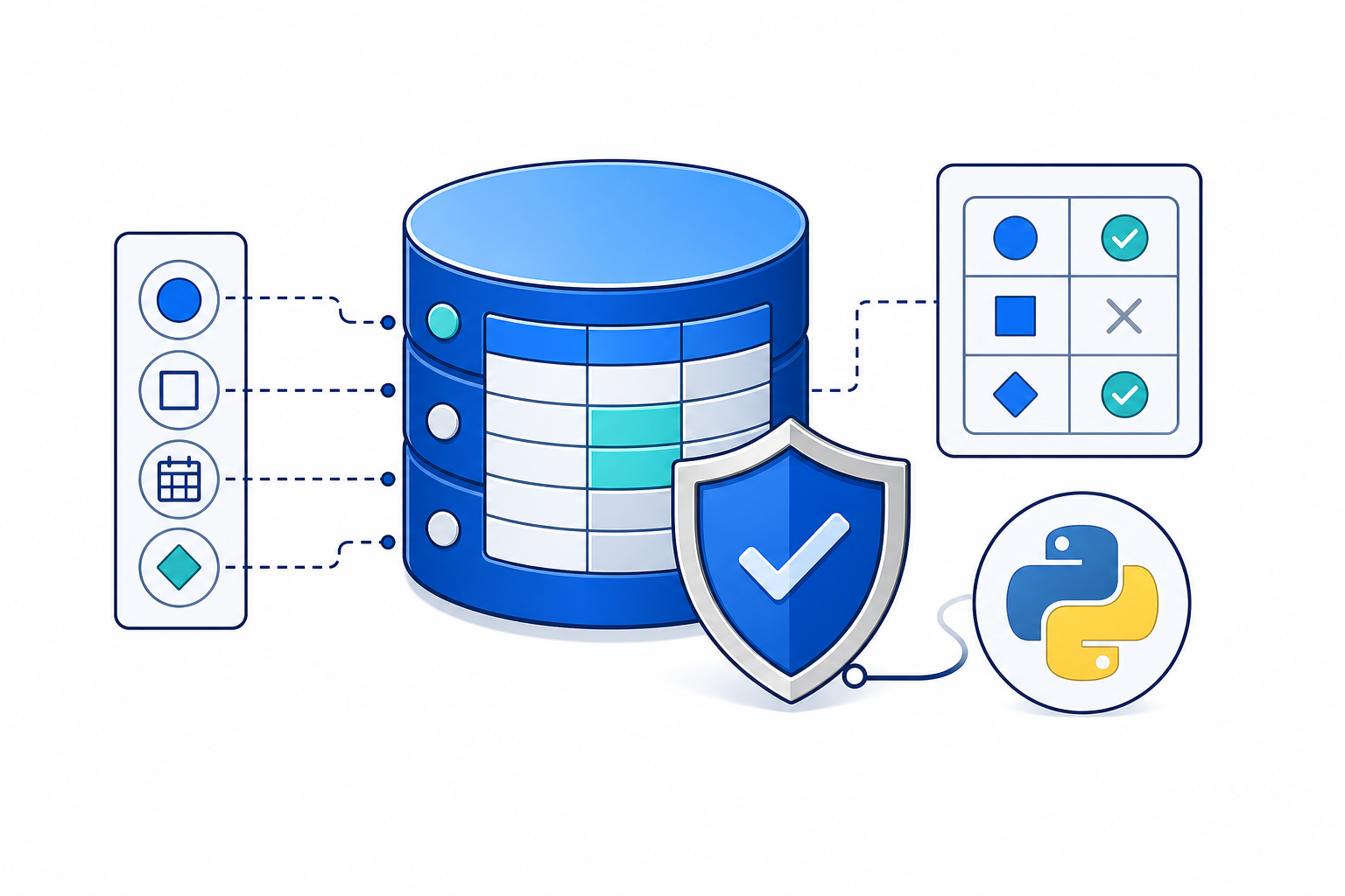 「SQLite STRICT tableで型崩れを防ぐ設計｜型変換・ANY・CHECK・Python」の内容を表す技術イラスト